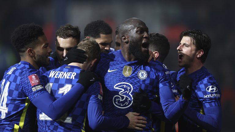 Chelsea's Romelu Lukaku, second right, celebrates after scoring his side's third goal during the FA Cup fifth round soccer match between Luton Town and Chelsea. (Ian Walton/AP)