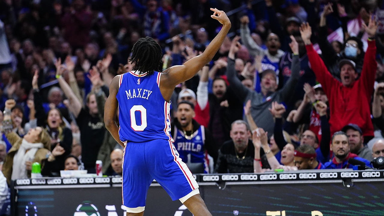 Philadelphia 76ers' Tyrese Maxey reacts during the second half of an NBA basketball game against the Cleveland Cavaliers. (Matt Slocum/AP)