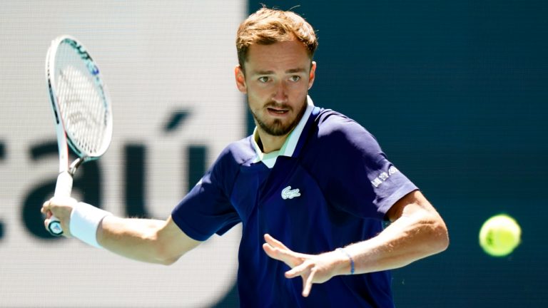 Daniil Medvedev, of Russia, during the Miami Open tennis tournament, Saturday, March 26, 2022, in Miami Gardens, Fla. (Wilfredo Lee/AP)