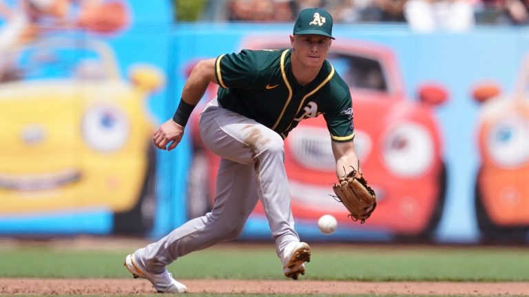 Oakland Athletics third baseman Matt Chapman fields a groundout by San Francisco Giants' Mauricio Dubon during the third inning of a baseball game in San Francisco, Sunday, June 27, 2021. (Jeff Chiu/AP)