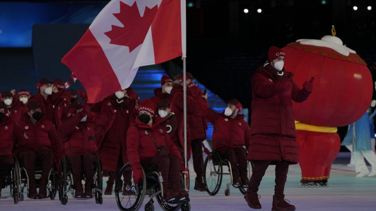 Athletes from Canada arrive for the opening ceremony at the 2022 Winter Paralympics, Friday, March 4, 2022, in Beijing. (AP)