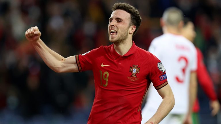 Portugal's Diogo Jota celebrates after scoring his side's second goal during the World Cup 2022 playoff soccer match between Portugal and Turkey, at the Dragao stadium in Porto, Portugal, Thursday, March 24, 2022. (Luis Vieira/AP Photo)