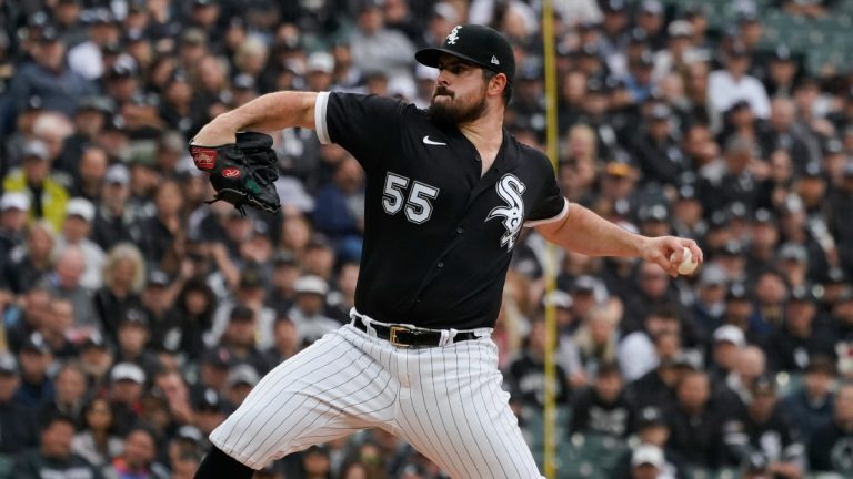 Chicago White Sox pitcher Carlos Rodon throws against the Houston Astros in the inning during Game 4 of a baseball American League Division Series Tuesday, Oct. 12, 2021, in Chicago. (Nam Y. Huh/AP)