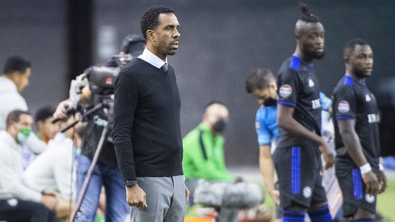 CF Montreal’s head coach Wilfried Nancy looks on from the sideline against Santos Laguna during the second half of the second leg of their 2022 CONCACAF Champions League  soccer game. (Graham Hughes/CP)