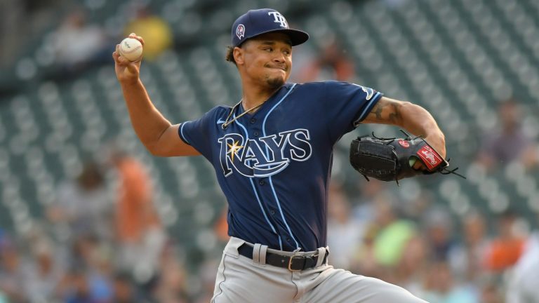 Tampa Bay Rays starting pitcher Chris Archer throws to a Detroit Tigers during the first inning of a baseball game Saturday, Sept. 11, 2021, in Detroit. (Jose Juarez/AP)