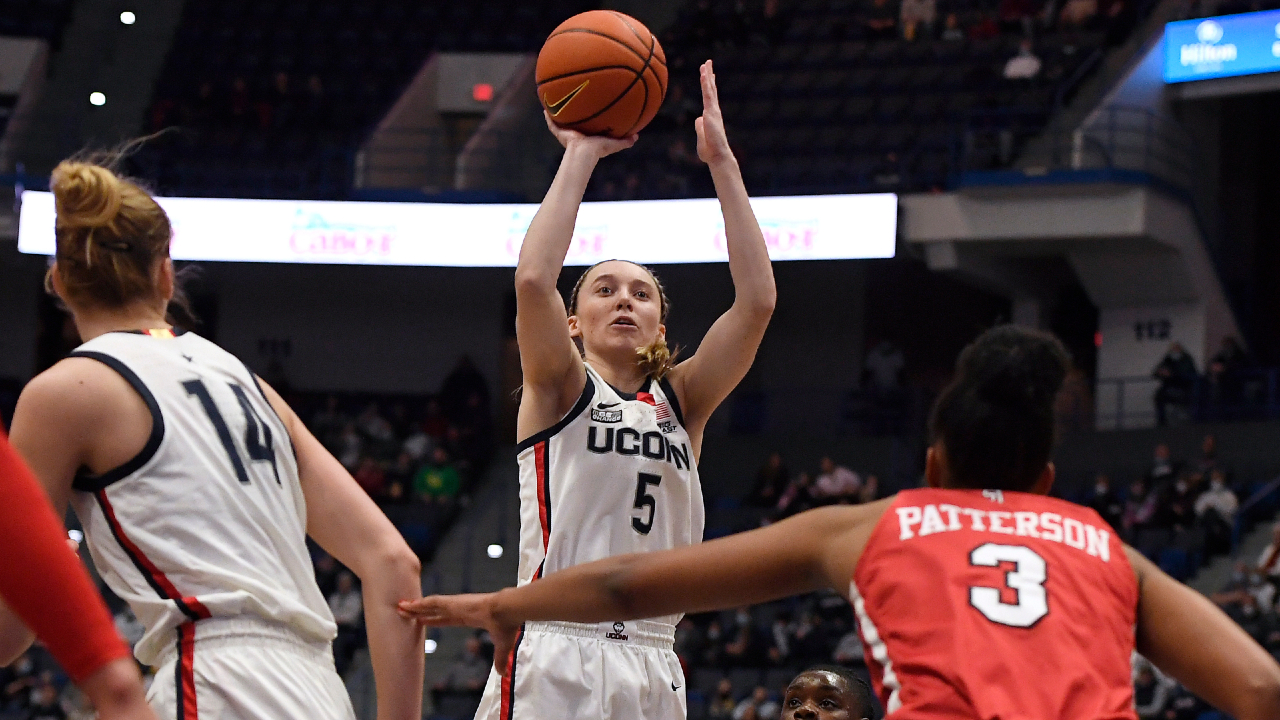 Connecticut's Paige Bueckers shoots her first basket against St. John's after returning from being injured, in the first half of an NCAA college basketball game, Friday, Feb. 25, 2022, in Hartford, Conn. (Jessica Hill/AP) 