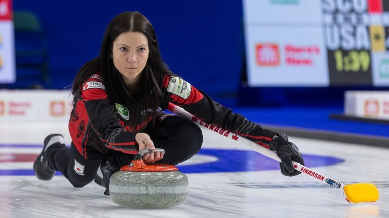 Canada skip Kerri Einarson throws a stone against Germany at CN Centre during the Women's World Curling in Prince George, B.C., on Friday, March 25, 2022. (James Doyle/CP)