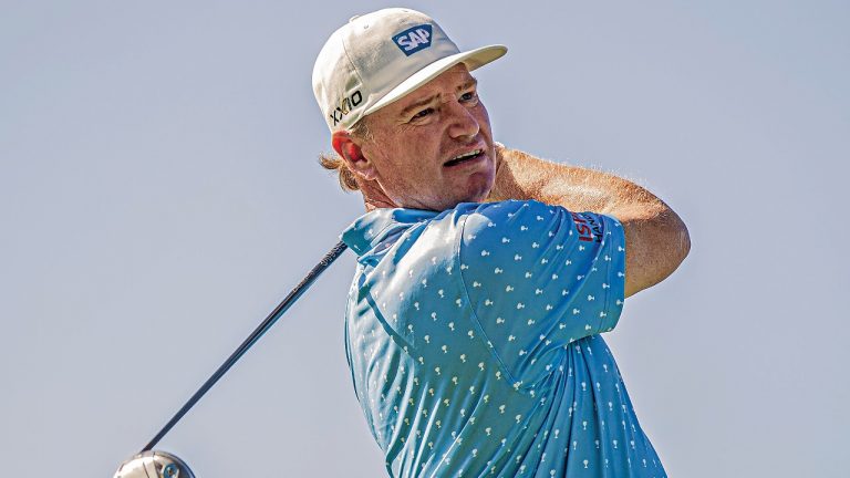 Ernie Els watches a shot during the second round of the PGA Champions Tour's Mitsubishi Electric Championship golf tournament, Friday, Jan. 21, 2022, in Ka'upulehu-Kona, Hawaii. (Tom Linder/West Hawaii Today via AP)