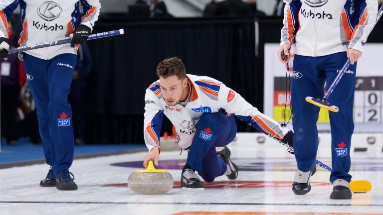 Team Gushue second Brett Gallant shoots a stone during the 2021 Boost National in Chestermere, Alta. (Anil Mungal)