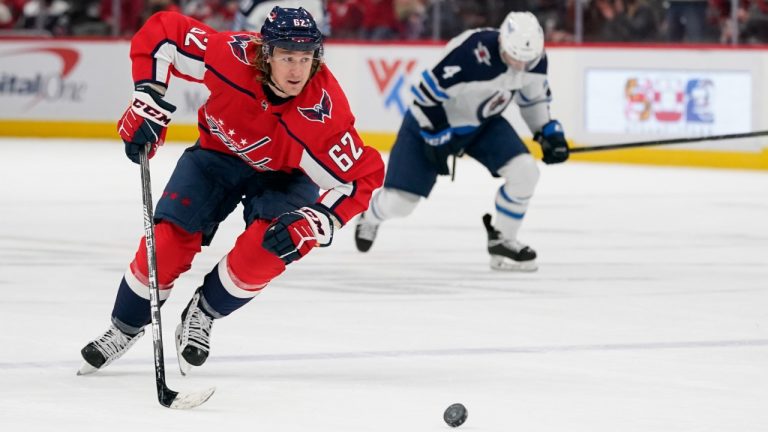 Washington Capitals left wing Carl Hagelin chases after the puck in the second period of an NHL hockey game against the Winnipeg Jets, Tuesday, Jan. 18, 2022, in Washington. (Patrick Semansky/AP)
