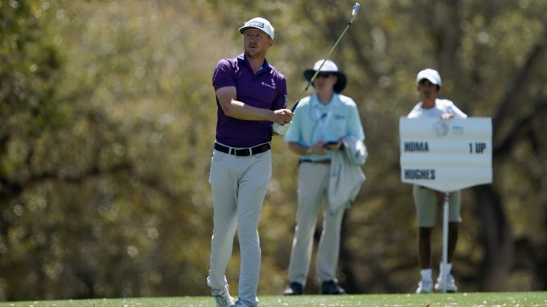 Mackenzie Hughes watches his fairway shot on the sixth hole in the second round of the Dell Technologies Match Play Championship golf tournament, Thursday, March 24, 2022, in Austin, Texas. (Tony Gutierrez/AP)
