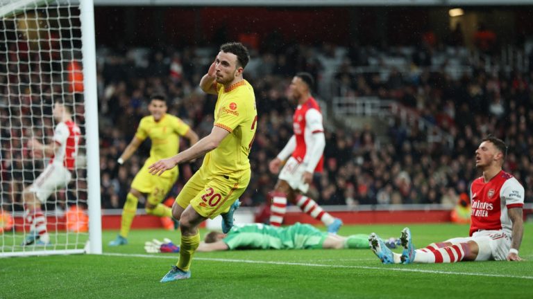 Liverpool's Diogo Jota reacts after scoring his team's first goal during the English Premier League soccer match between Arsenal and Liverpool at Emirates Stadium in London, Wednesday, March 16, 2022. (Ian Walton/AP)