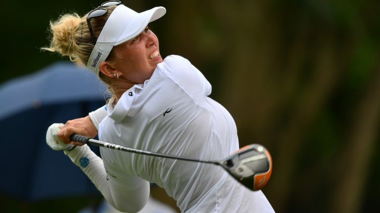 Nanna Koerstz Madsen of Denmark watches her shot on the 6th hole during the final round of the LPGA Honda Thailand golf tournament in Pattaya, southern Thailand, Sunday, March 13, 2022. (Kittinun Rodsupan/AP)