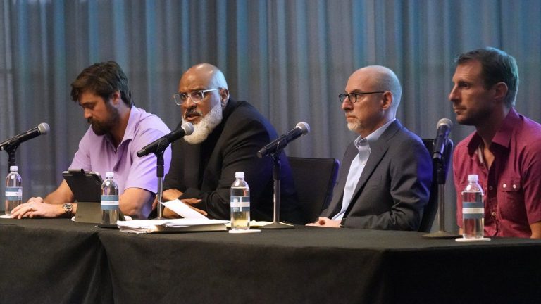 Tony Clark, second from left, executive director of the baseball players association, appears at a news conference with pitcher Andrew Miller, left, Bruce Meyer, chief union negotiator, second from right, and New York Mets pitcher Max Scherzer, right, Tuesday, March 1, 2022, in Jupiter, Fla. Major League Baseball has canceled opening day. (AP)