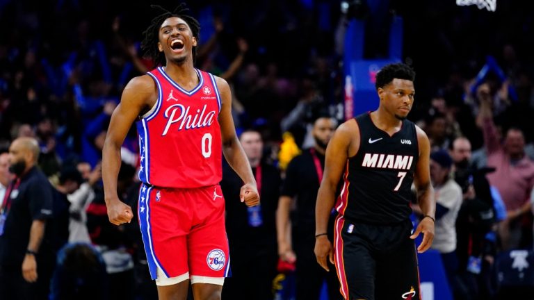 Philadelphia 76ers' Tyrese Maxey, left, reacts past Miami Heat's Kyle Lowry after an NBA basketball game, Monday, March 21, 2022, in Philadelphia. (Matt Slocum/AP)