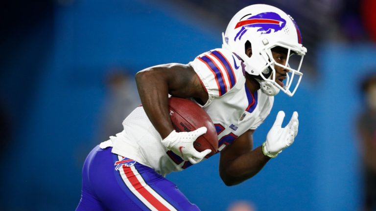 Buffalo Bills' Isaiah McKenzie returns a kickoff 101 yards but the touchdown was called back because of a penalty on a teammate in the second half of an NFL football game against the Tennessee Titans Monday, Oct. 18, 2021, in Nashville, Tenn. (Mark Zaleski/AP)