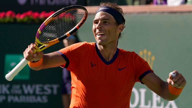 Rafael Nadal, of Spain, celebrates after defeating Reilly Opelka at the BNP Paribas Open tennis tournament Wednesday, March 16, 2022, in Indian Wells, Calif. (Mark J. Terrill/AP)