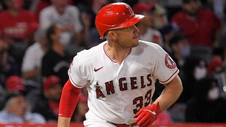 Los Angeles Angels' Max Stassi runs to first after hitting a solo home run during the fourth inning of a baseball game against the Seattle Mariners Friday, Sept. 24, 2021, in Anaheim, Calif. (Mark J. Terrill/AP)