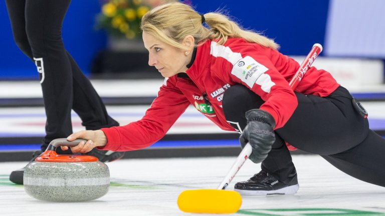 Switzerland skip Silvana Tirinzoni throws a stone against South Korea in the gold medal game at CN Centre during the Women's World Curling in Prince George, B.C., on Sunday, March 27, 2022. (James Doyle/CP)