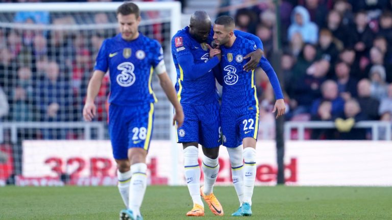 Chelsea's Hakim Ziyech, right, celebrates after scoring his side's 2nd goalduring the English FA Cup quarter final soccer match between Middlesbrough and Chelsea at the Riverside Stadium, in Middlesbrough, England, Saturday March 19, 2022. (Jon Super/AP)