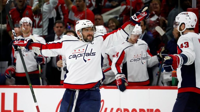 Washington Capitals captain Alex Ovechkin (8) tied an NHL record with his ninth 50 goal season by scoring twice against the Vegas Golden Knights. (Karl B DeBlaker/AP)