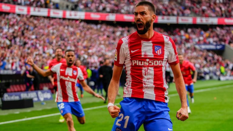 Atletico Madrid's Yannick Carrasco celebrates after scoring his side's second goal during a Spanish La Liga soccer match between Atletico Madrid and Espanyol at Wanda Metropolitano stadium in Madrid, Spain, Sunday, April 17, 2022. (Manu Fernandez/AP)
