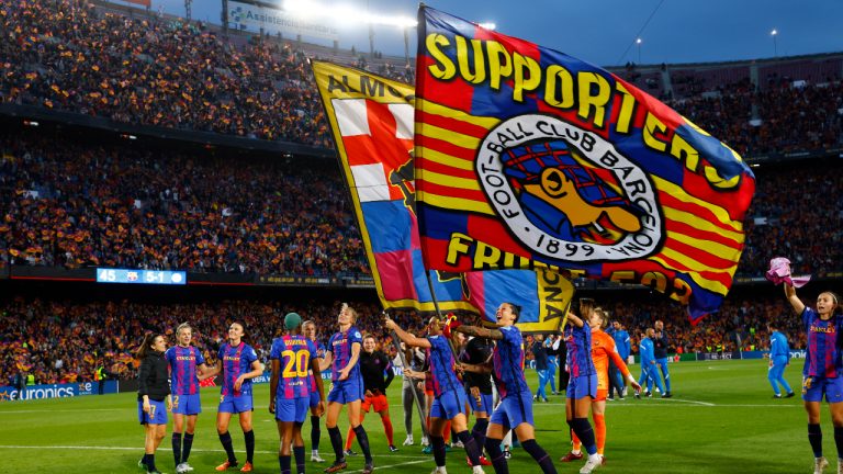 Barcelona players celebrate after winning the Women's Champions League semifinal, first leg, soccer match between Barcelona and Wolfsburg at Camp Nou stadium in Barcelona, Spain, Friday, April 22, 2022. (Joan Monfort/AP)