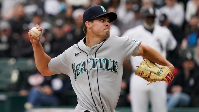 Seattle Mariners starting pitcher Matt Brash throws against the Chicago White Sox during the first inning of an opening day baseball game in Chicago, Tuesday, April 12, 2022. (Nam Y. Huh/AP Photo)