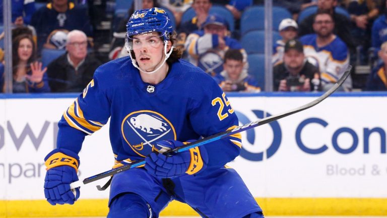 Buffalo Sabres defenseman Owen Power (25) skates upice during the first period of an NHL hockey game against the St. Louis Blues, Thursday, April 14, 2022, in Buffalo, N.Y. (Jeffrey T. Barnes/AP)