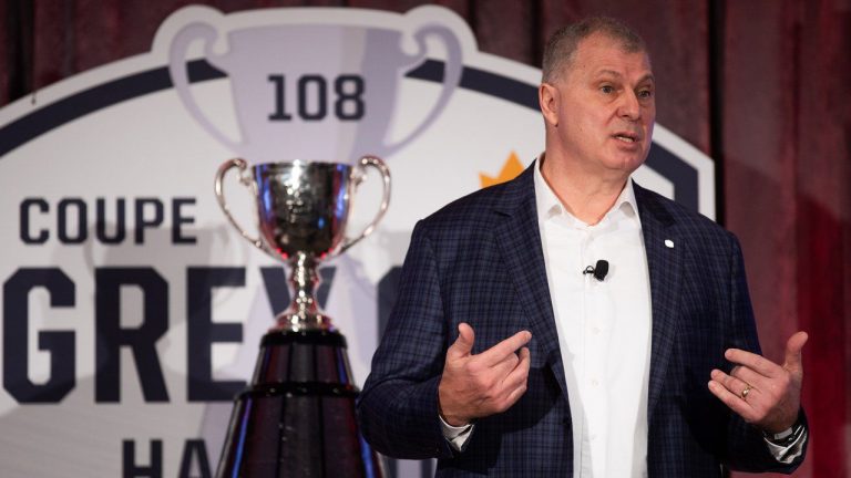 CFL commissioner Randy Ambrosie delivers his state of the league media address at the Hamilton Convention Centre during the CFL's Grey Cup week in Hamilton, Ontario on Friday, December 10, 2021. The Hamilton Tiger-Cats will play the Winnipeg Blue Bombers in the 108th Grey Cup on Sunday. (Nick Iwanyshyn/CP)