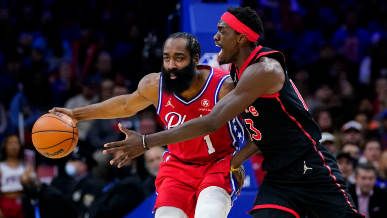 Philadelphia 76ers' James Harden, left, tries to get past Toronto Raptors' Pascal Siakam during the second half of Game 2 of an NBA basketball first-round playoff series, Monday, April 18, 2022, in Philadelphia. (AP)