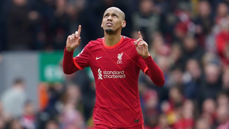 Liverpool's Fabinho celebrates after scoring his side's second goal during the English Premier League soccer match between Liverpool and Watford at Anfield stadium in Liverpool, England, Saturday, April 2, 2022. (Jon Super/AP)