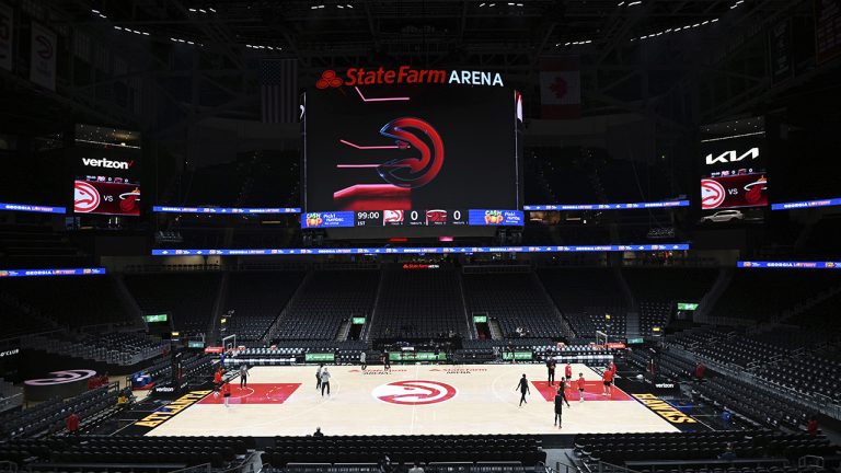 State Farm Arena is viewed before an NBA basketball game between the Atlanta Hawks and the Miami Heat, Friday, Jan. 21, 2022, in Atlanta. (AP Photo/Hakim Wright Sr.)