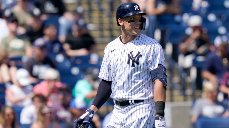 New York Yankees' Aaron Judge walks to the dugout after striking out swinging during the first inning of a spring training baseball game against the Detroit Tigers, Sunday, March 20, 2022, in Tampa, Fla. (Lynne Sladky/AP)