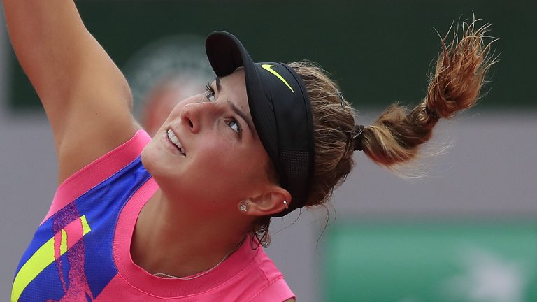 Ukraine's Katarina Zavatska serves against Netherlands' Kiki Bertens in the first round match of the French Open tennis tournament. (Michel Euler/AP)