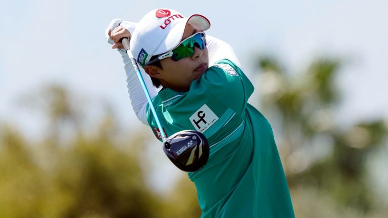 Hyo Joo Kim of South Korea hits from the fourth tee during the third round of the LPGA Chevron Championship golf tournament Saturday, April 2, 2022, in Rancho Mirage, Calif. (Marcio Jose Sanchez/AP Photo)