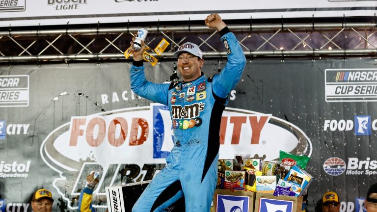 Driver Kyle Busch celebrates after winning a NASCAR Cup Series auto race, Sunday, April 17, 2022, in Bristol, Tenn. (Wade Payne/AP)