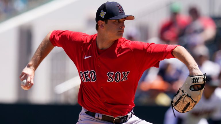 Boston Red Sox pitcher Garrett Whitlock throws in the second inning during a spring training baseball game against the Minnesota Twins at Hammond Stadium Sunday, March 27, 2022, in Fort Myers, Fla. (Steve Helber/AP)