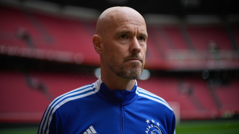 Erik Ten Hag waits after in interview at the ArenA stadium in Amsterdam, Netherlands, Friday, April 15, 2022. (Peter Dejong/AP Photo)