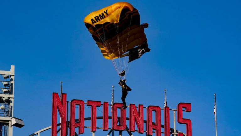 The U.S. Army Parachute Team the Golden Knights descend into National Park before a baseball game between the Washington Nationals and the Arizona Diamondbacks. (Alex Brandon/AP)