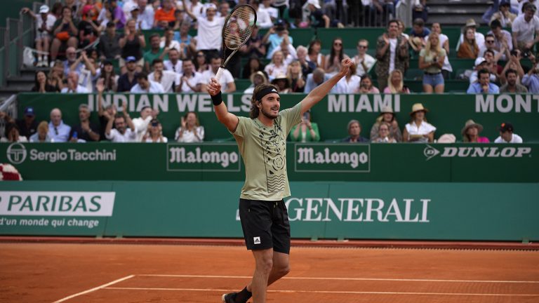 Stefanos Tsitsipas of Greece, celebrates as he defeats Alexander Zverev, of Germany, during their semifinal match of the Monte-Carlo Masters tennis tournament, Saturday, April 16, 2022 in Monaco. Tsitsipas won 6-4, 6-2. (AP Photo/Daniel Cole)