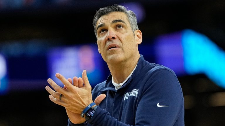 Villanova head coach Jay Wright watches during practice for the men's Final Four NCAA college basketball tournament, Friday, April 1, 2022, in New Orleans. (David J. Phillip/AP)