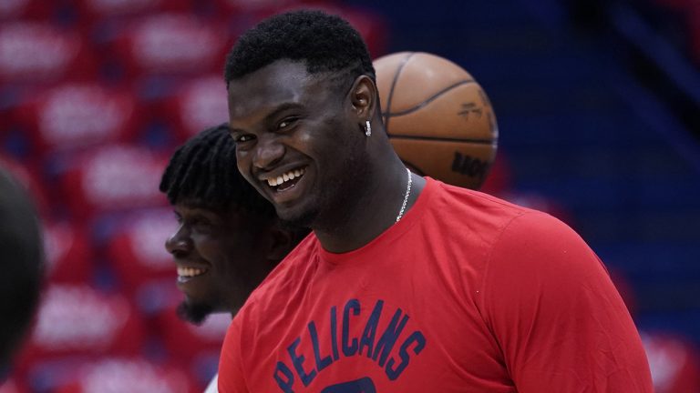 New Orleans Pelicans forward Zion Williamson (1) watches a shoot around before game six of an NBA basketball first-round playoff series. (Gerald Herbert/AP)