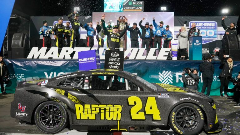 William Byron (24) celebrates after winning the NASCAR Cup Series auto race at Martinsville Speedway on Saturday, April 9, 2022, in Martinsville, Va. (Steve Helber/AP)