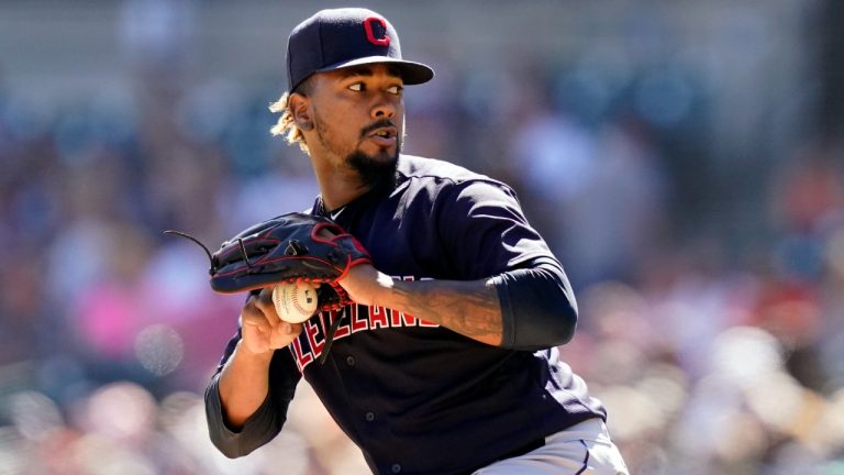 Cleveland Indians relief pitcher Emmanuel Clase throws during the ninth inning of a baseball game against the Detroit Tigers, Sunday, Aug. 15, 2021, in Detroit. (Carlos Osorio/AP)