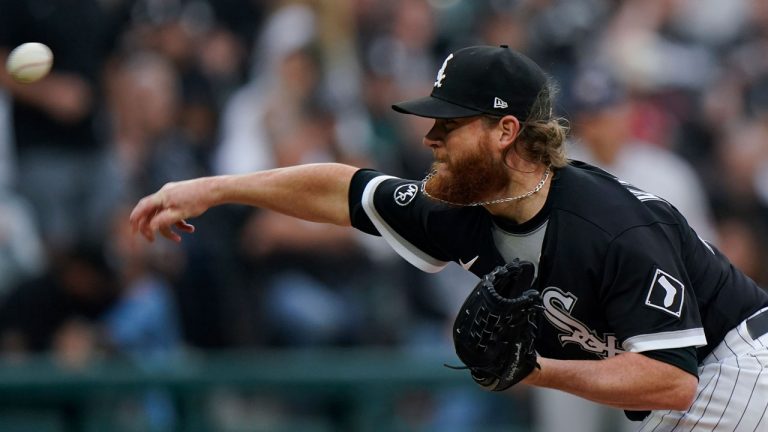 Chicago White Sox relief pitcher Craig Kimbrel throws against the Houston Astros in the eighth inning during Game 4 of a baseball American League Division Series. (Nam Y. Huh/AP)