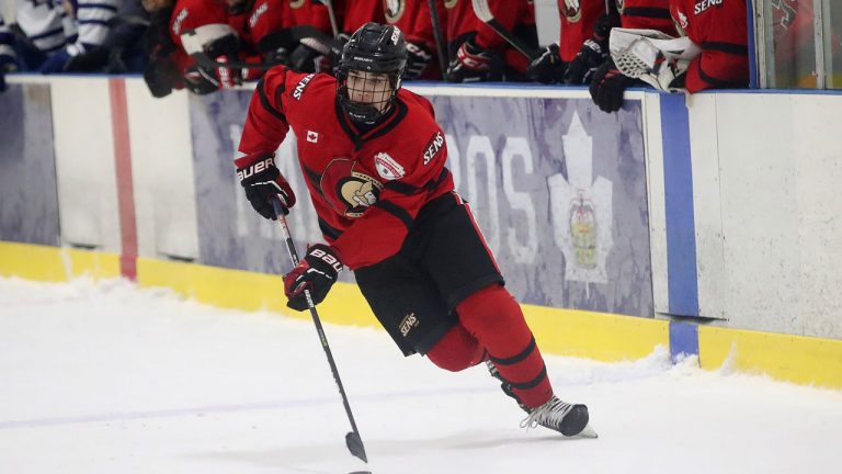 Michael Misa skates for the puck with the Mississauga Senators U16 AAA team. (Steve Russell/Toronto Star via Getty Images)