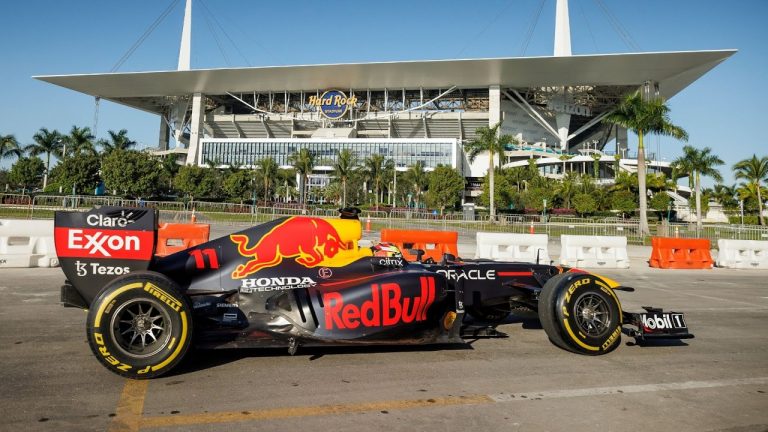 F1 driver Sergio Perez parked in his Oracle Red Bull Racing car outside Miami's Hard Rock Stadium. (Chris Tedesco/Red Bull Content Pool)