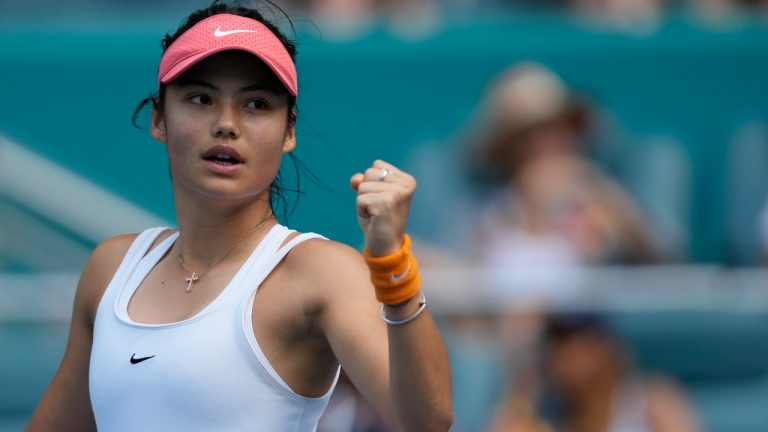Emma Raducanu, of Britain, celebrates winning the first set, in her second round women's match against Katerina Siniakova, of Czech Republic, at the Miami Open tennis tournament, Thursday, March 24, 2022, in Miami Gardens, Fla. (Rebecca Blackwell/AP)