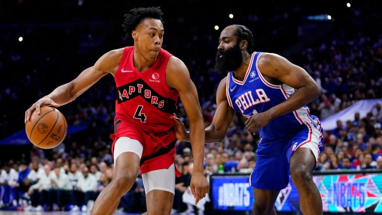 Scottie Barnes, left, and the Raptors will be looking to stave off elimination against James Harden and the 76ers on Thursday night in Toronto. (Matt Slocum/AP)